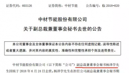 中材节能副总裁兼董秘杨泽学因病去世