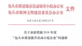 冀东水泥包头公司喜获2018年度“包头市质量提升活动示范企业”称号