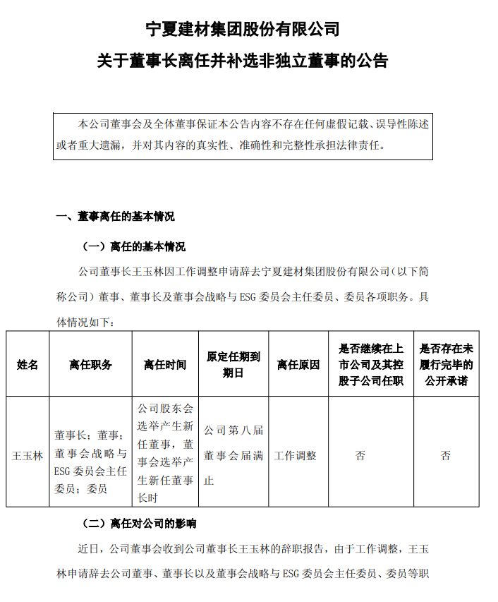 宁夏建材多位高管变动！董事长王玉林因工作调整离任！