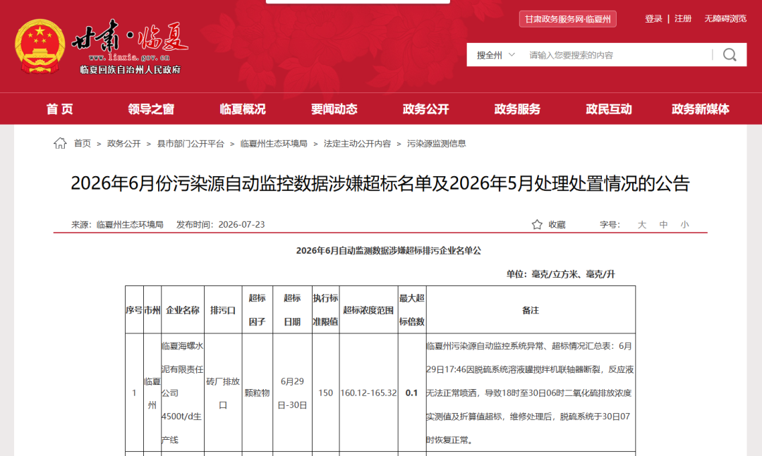 官方公告：临夏海螺设备故障引发废气超标！